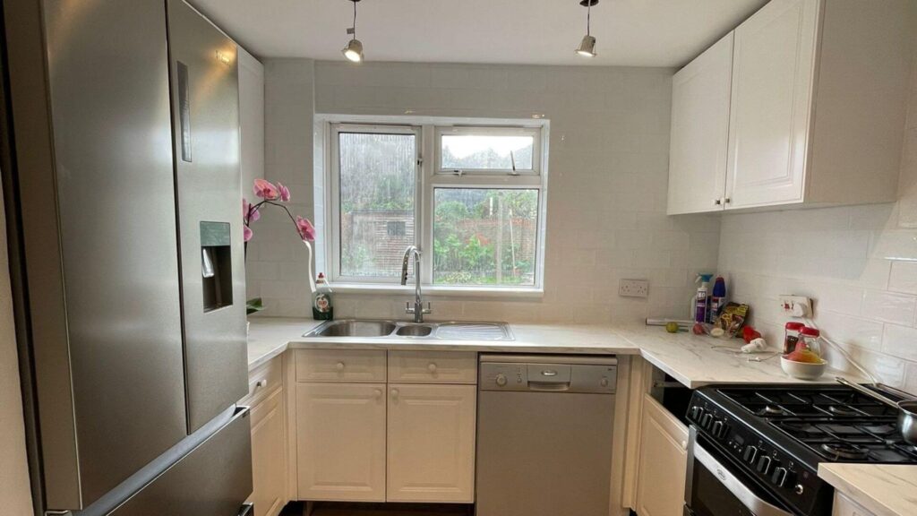 Professional painting services renews residential kitchen in Southampton, walls, tiles, ceilings, skirting boards